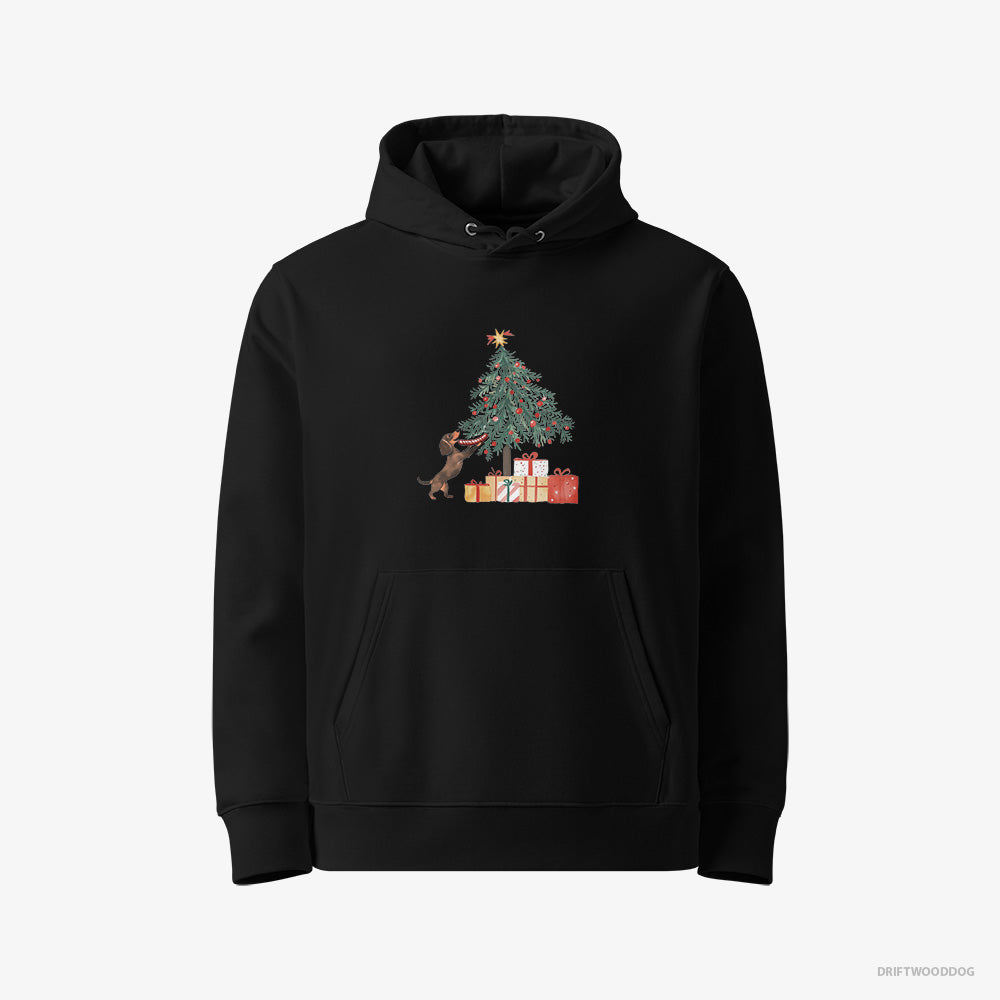 Dachshund Hoodie – Men Black Hoodie Eco-Friendly – Decorating the Christmas Tree with a Sausage (on White Background)