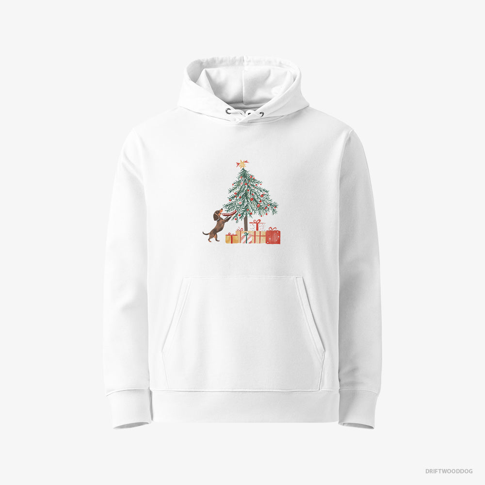 Dachshund Hoodie – Women White Hoodie Eco-Friendly – Decorating the Christmas Tree with a Sausage (on White Background)