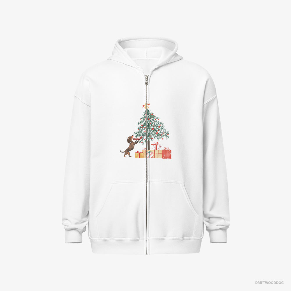 Dachshund Hoodie – Men White Hoodie Full-Zip – Decorating the Christmas Tree with a Sausage (on White Background)