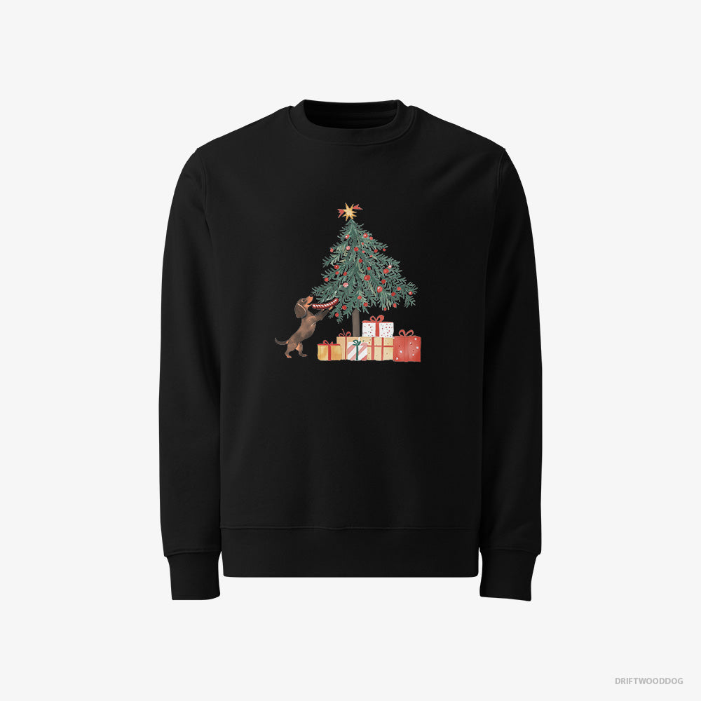 Dachshund Sweatshirt – Women Black Sweatshirt Classic – Decorating the Christmas Tree with a Sausage (on White Background)