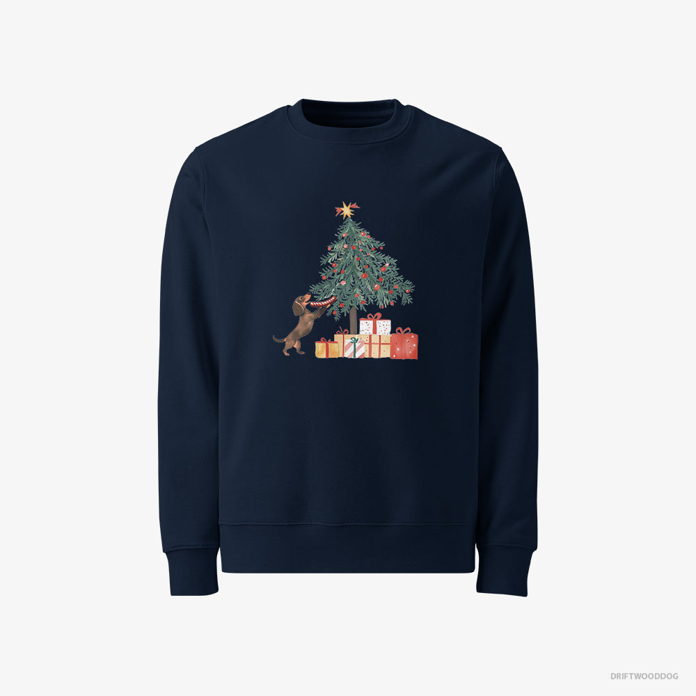 Dachshund Sweatshirt – Men Navy Sweatshirt Classic – Decorating the Christmas Tree with a Sausage (on White Background)