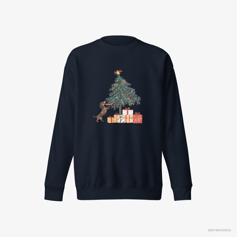 Funny Dachshund Decorating the Christmas Tree with a Sausage – Men's Sweatshirt Navy Eco – Eco-Friendly