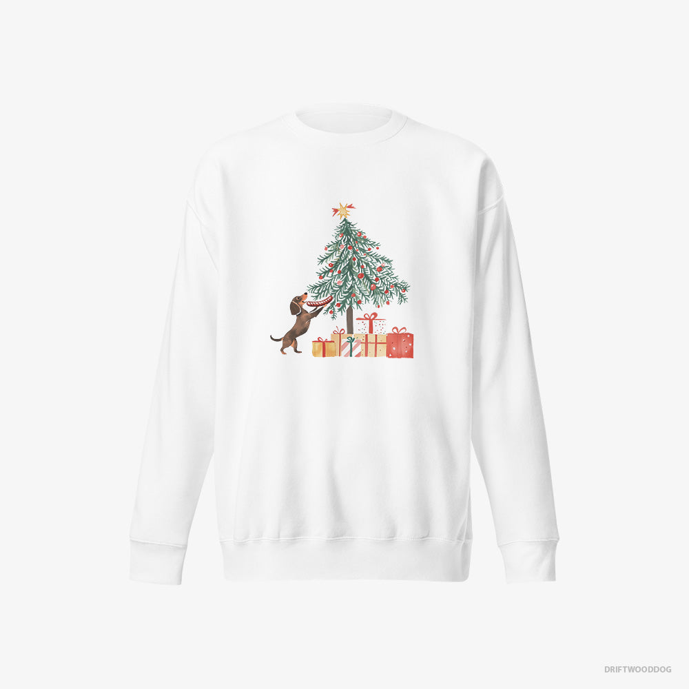 Dachshund Sweatshirt – Men White Sweatshirt Eco-Friendly – Decorating the Christmas Tree with a Sausage (on White Background)