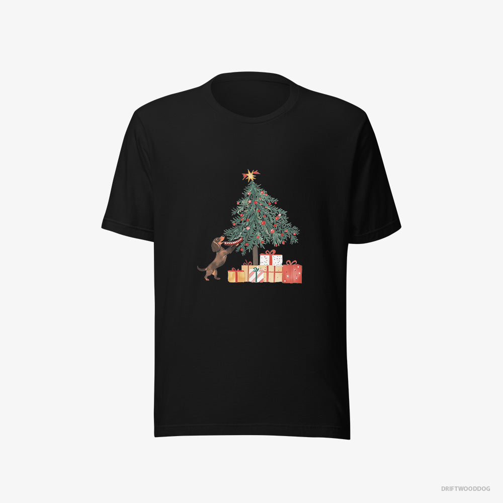 Dachshund T-Shirt – Men Black T-Shirt Eco-Friendly – Decorating the Christmas Tree with a Sausage (on White Background)