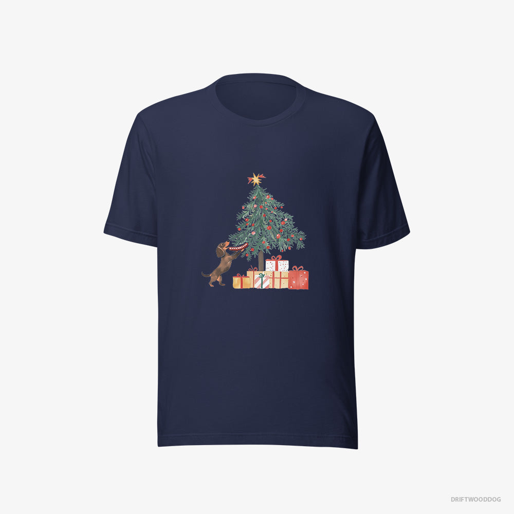 Dachshund T-Shirt – Women Navy T-Shirt Eco-Friendly – Decorating the Christmas Tree with a Sausage (on White Background)