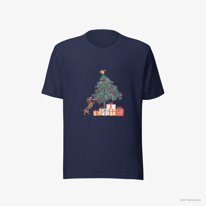 Dachshund Decorating the Christmas Tree with a Sausage Navy T-Shirt