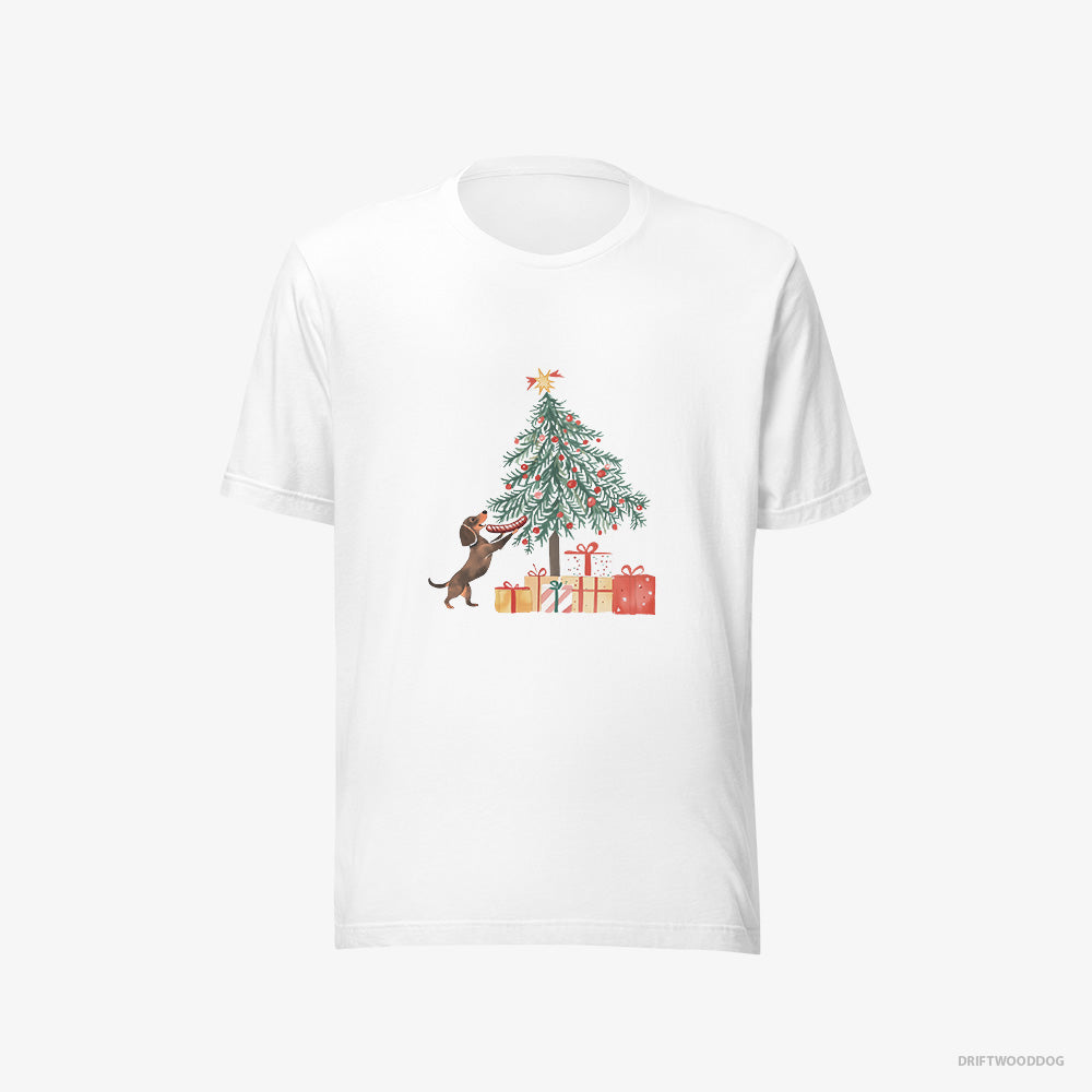 Funny Dachshund Decorating the Christmas Tree with a Sausage – Women's T-Shirt White Eco – Eco-Friendly