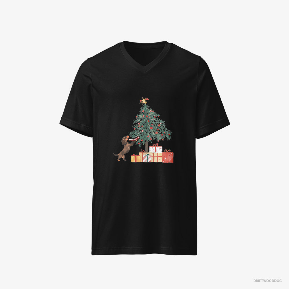 Dachshund T-Shirt – Men Black T-Shirt V-Neck – Decorating the Christmas Tree with a Sausage (on White Background)