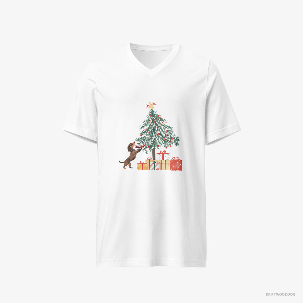 Dachshund Decorating the Christmas Tree with a Sausage V-Neck T-Shirt