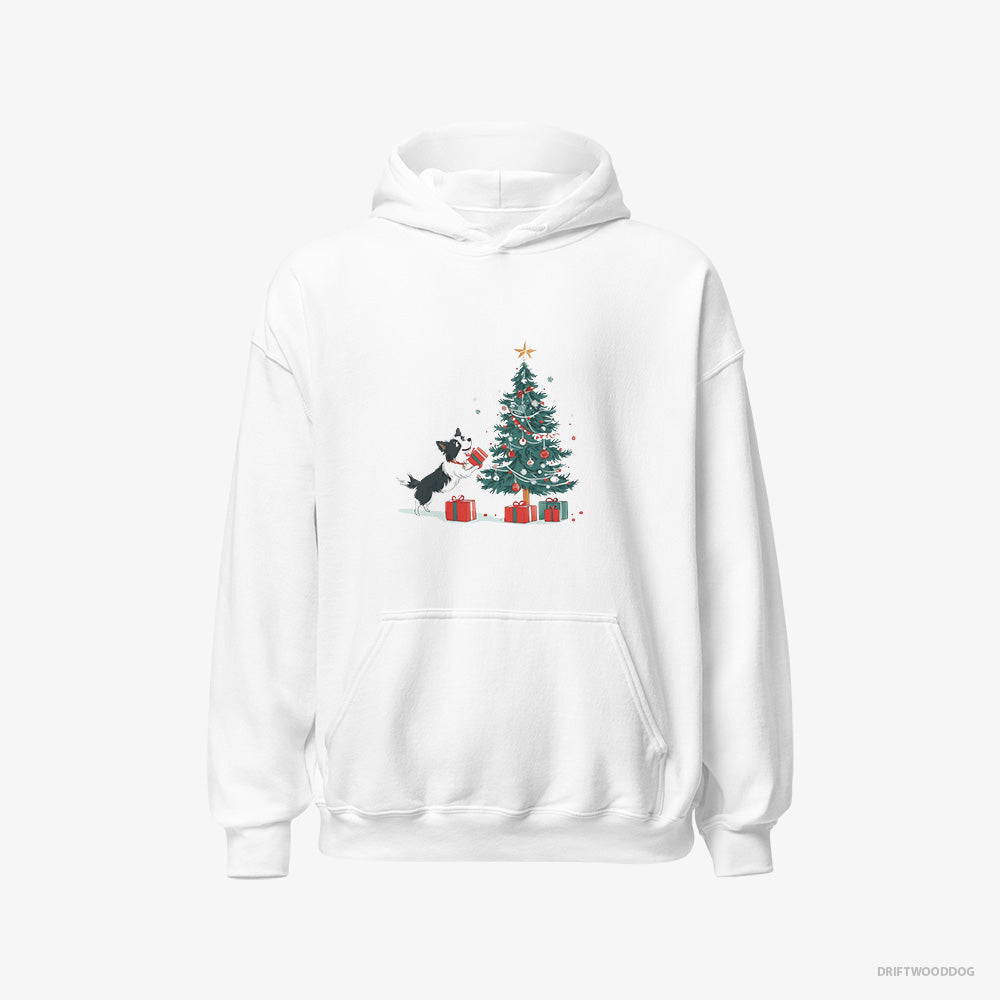 Border Collie Hoodie – Men White Hoodie Classic – Preparing Presents for the Christmas (on White Background)