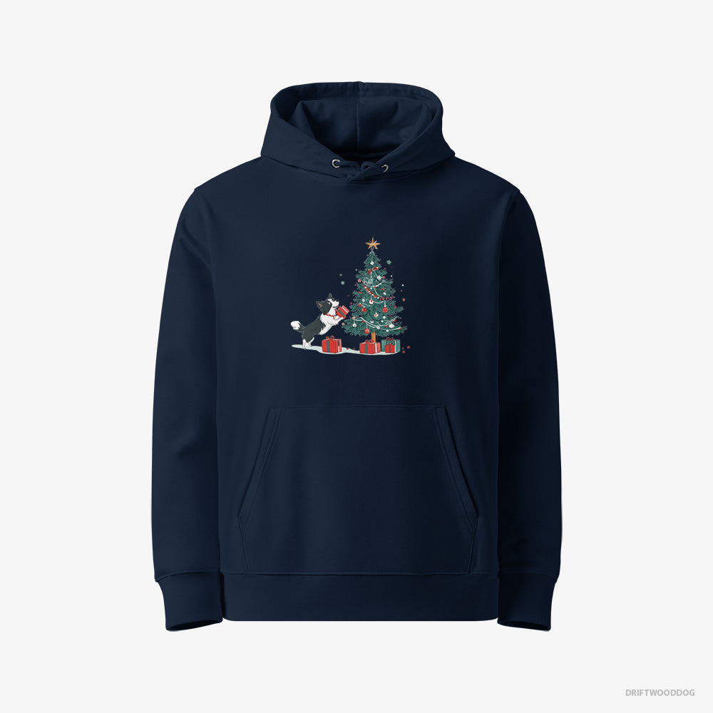 Border Collie Hoodie – Women Navy Hoodie Eco-Friendly – Preparing Presents for the Christmas (on White Background)