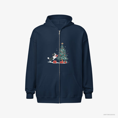 Border Collie Hoodie – Men Navy Hoodie Full-Zip – Preparing Presents for the Christmas (on White Background)