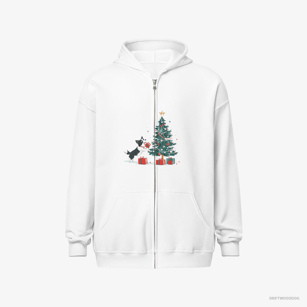 Border Collie Hoodie – Men White Hoodie Full-Zip – Preparing Presents for the Christmas (on White Background)