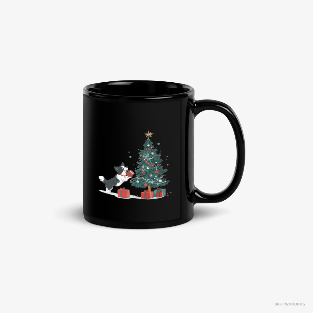 Border Collie Mug – Unisex Black Mug Classic – Preparing Presents for the Christmas (on White Background)