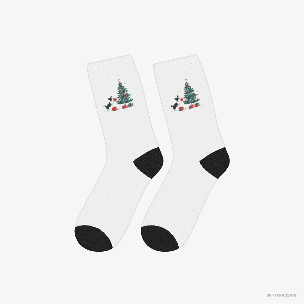 Border Collie Socks – Unisex White Socks Classic – Preparing Presents for the Christmas (on White Background)