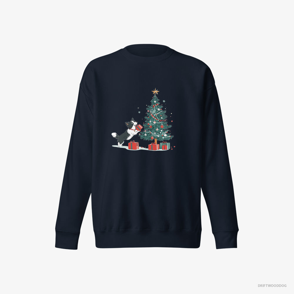 Border Collie Sweatshirt – Men Navy Sweatshirt Eco-Friendly – Preparing Presents for the Christmas (on White Background)