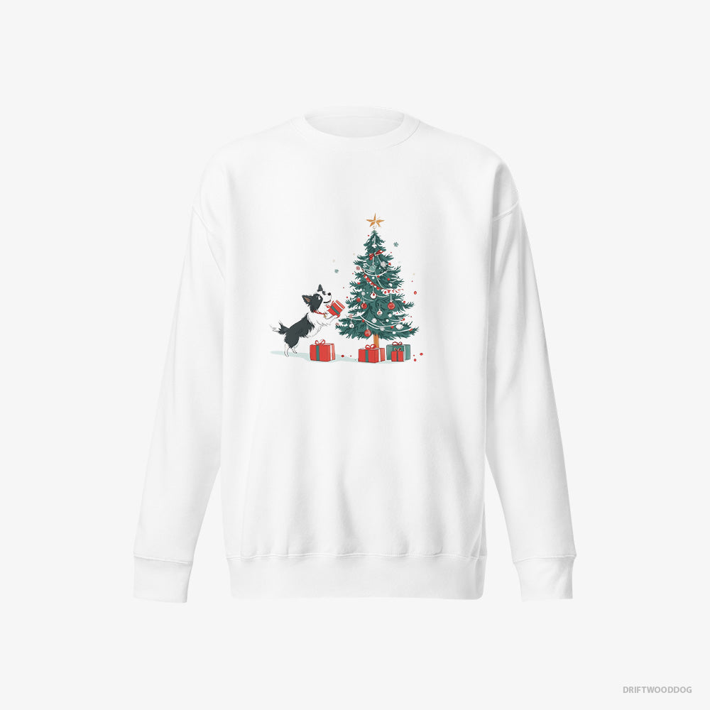 Border Collie Sweatshirt – Men White Sweatshirt Eco-Friendly – Preparing Presents for the Christmas (on White Background)