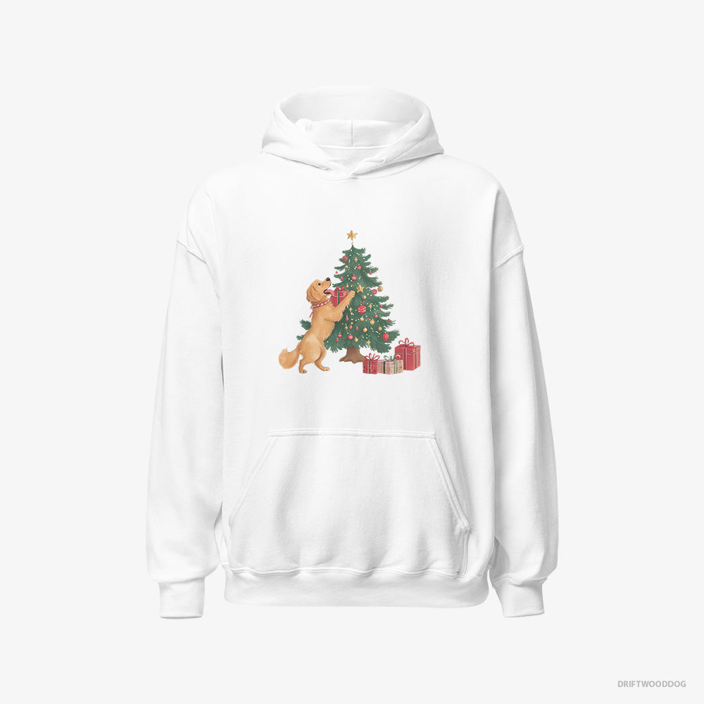 Golden Retriever Hoodie – Men White Hoodie Classic – Decorating the Tree (on White Background)