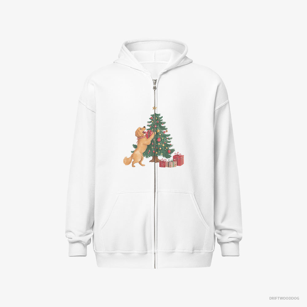 Golden Retriever Hoodie – Men White Hoodie Full-Zip – Decorating the Tree (on White Background)