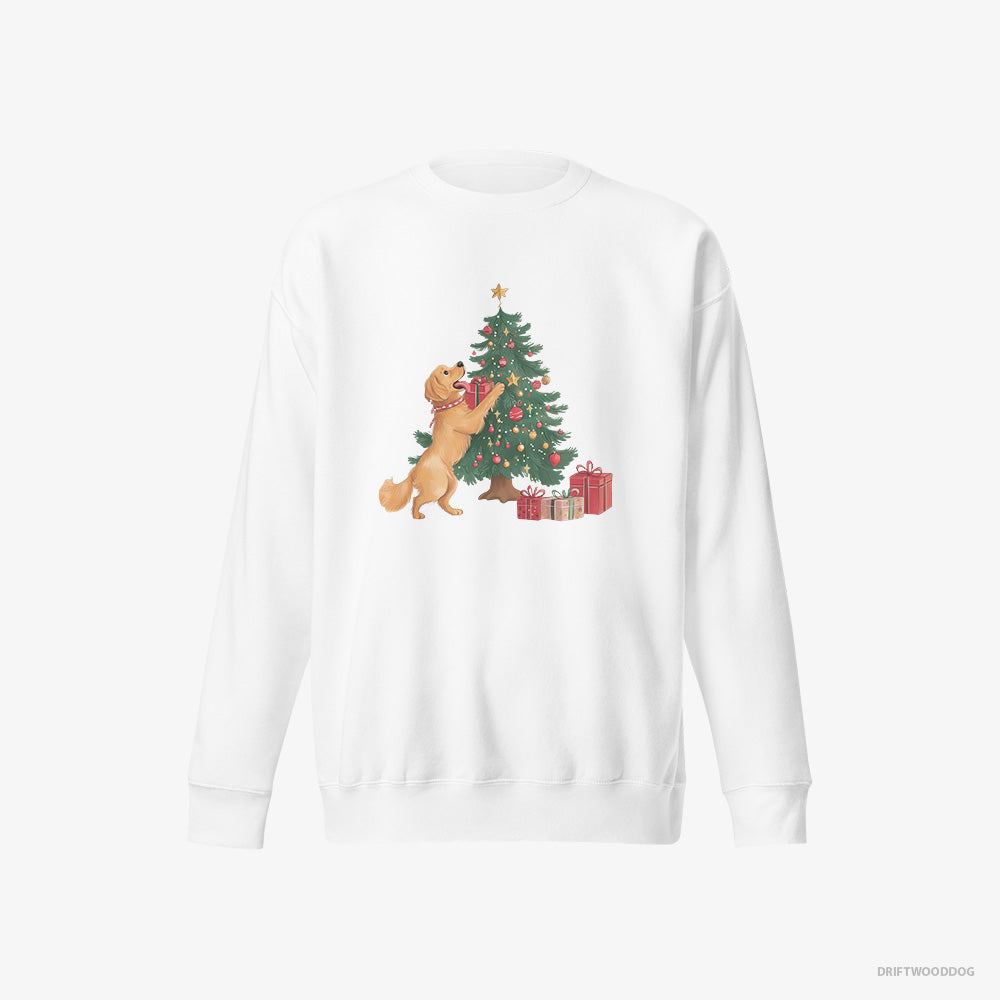 Golden Retriever Sweatshirt – Men White Sweatshirt Eco-Friendly – Decorating the Tree (on White Background)