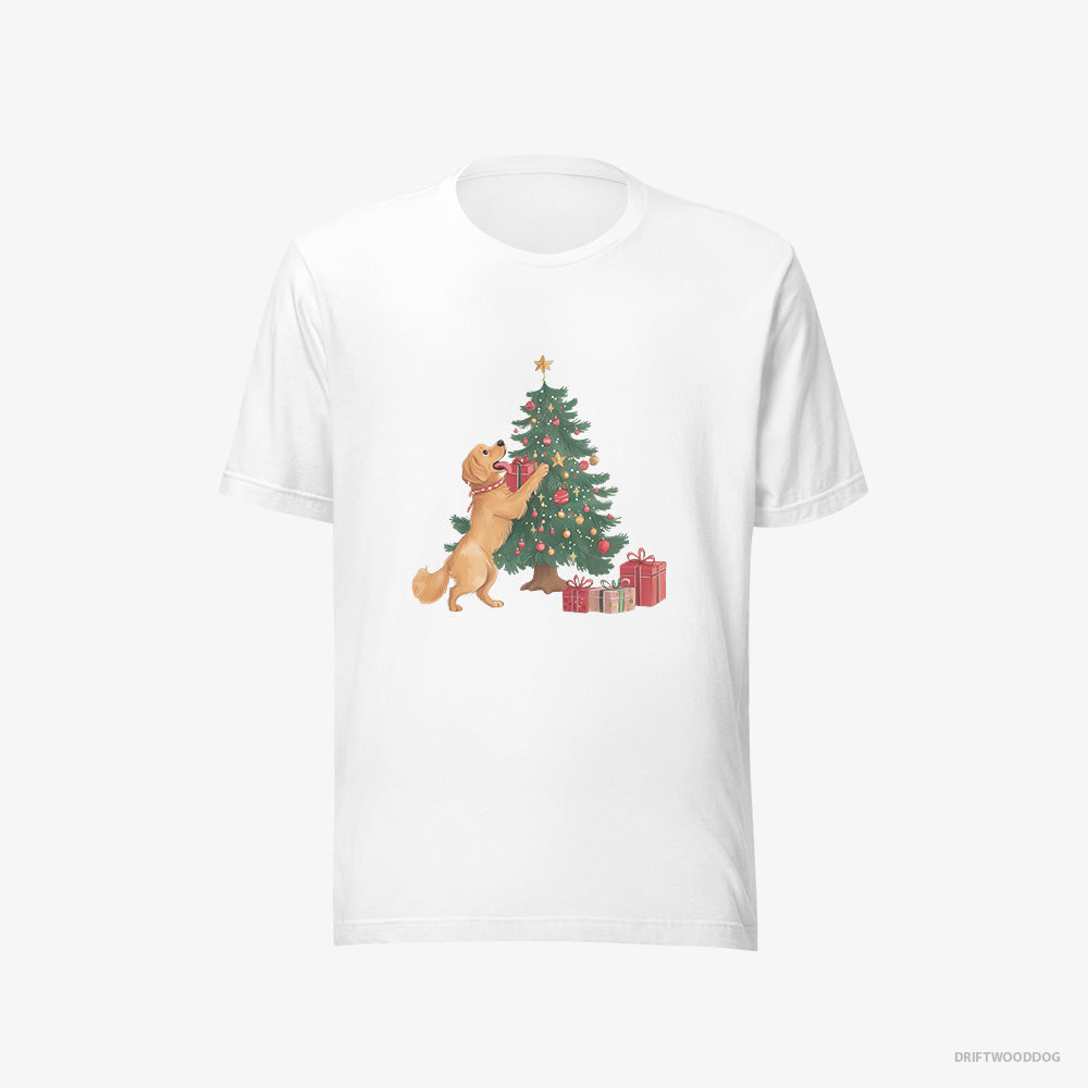 Golden Retriever T-Shirt – Women White T-Shirt Eco-Friendly – Decorating the Tree (on White Background)