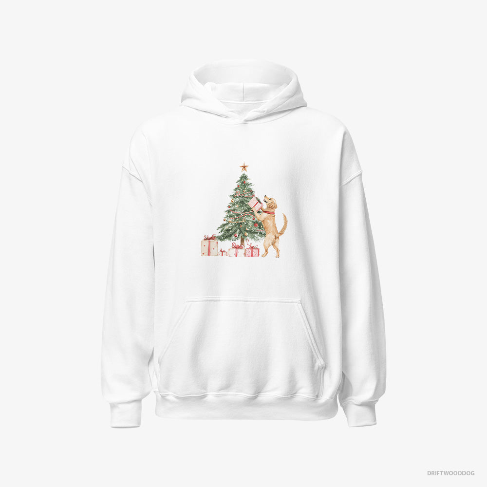 Golden Retriever Hoodie – Men White Hoodie Classic – Setting Up the Christmas Tree (on White Background)