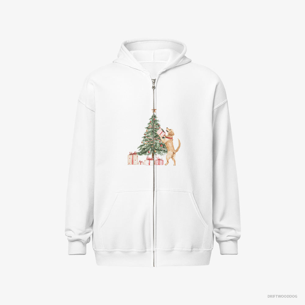 Golden Retriever Hoodie – Men White Hoodie Full-Zip – Setting Up the Christmas Tree (on White Background)