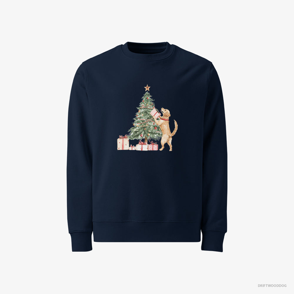 Golden Retriever Sweatshirt – Men Navy Sweatshirt Classic – Setting Up the Christmas Tree (on White Background)