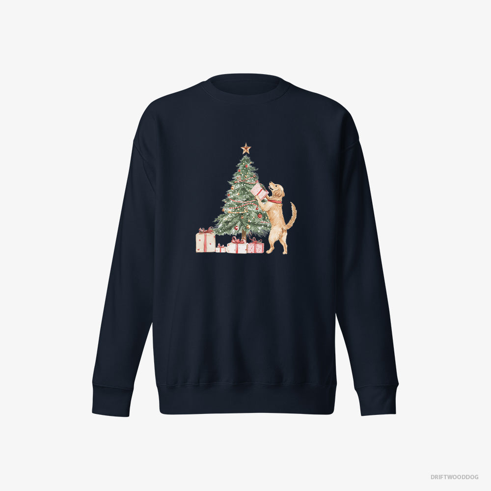 Golden Retriever Sweatshirt – Women Navy Sweatshirt Eco-Friendly – Setting Up the Christmas Tree (on White Background)