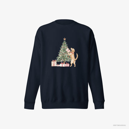 Golden Retriever Sweatshirt – Women Navy Sweatshirt Eco-Friendly – Setting Up the Christmas Tree (on White Background)