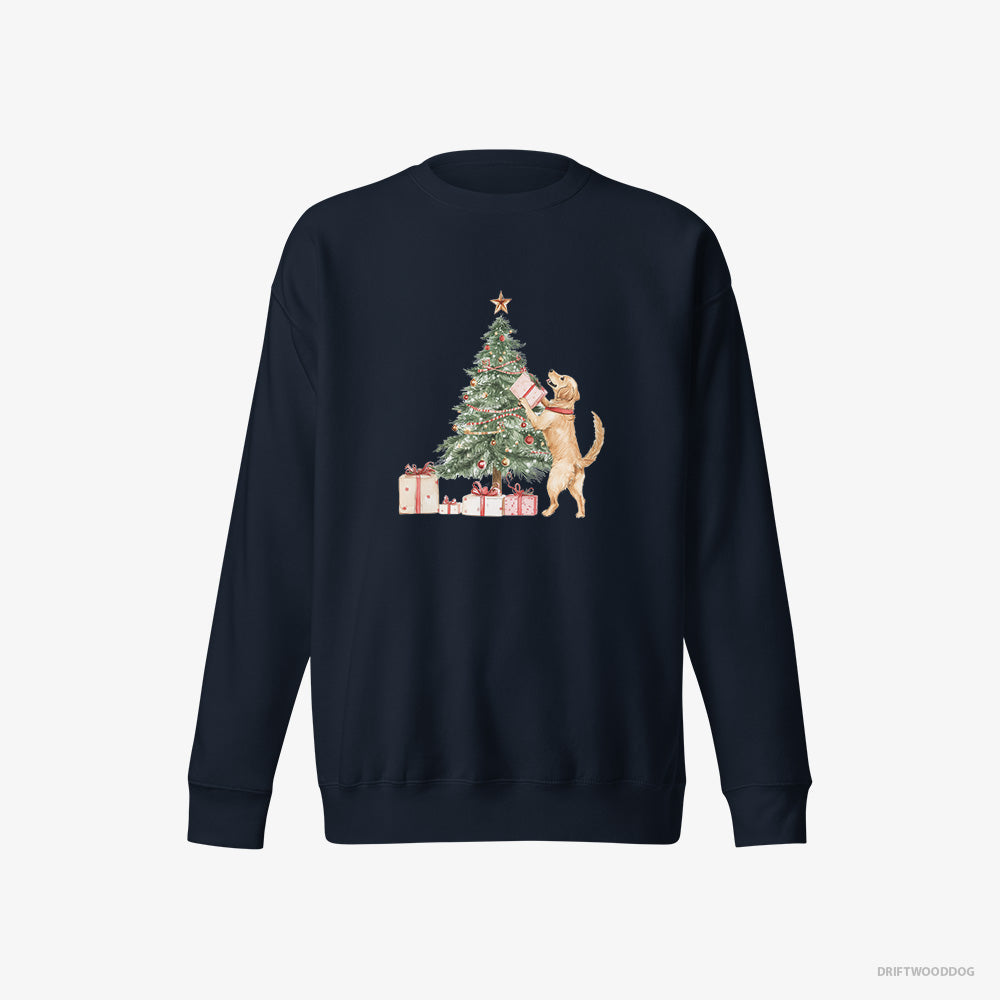 Golden Retriever Setting Up the Christmas Tree – Women's Sweatshirt Navy Eco – Eco-Friendly