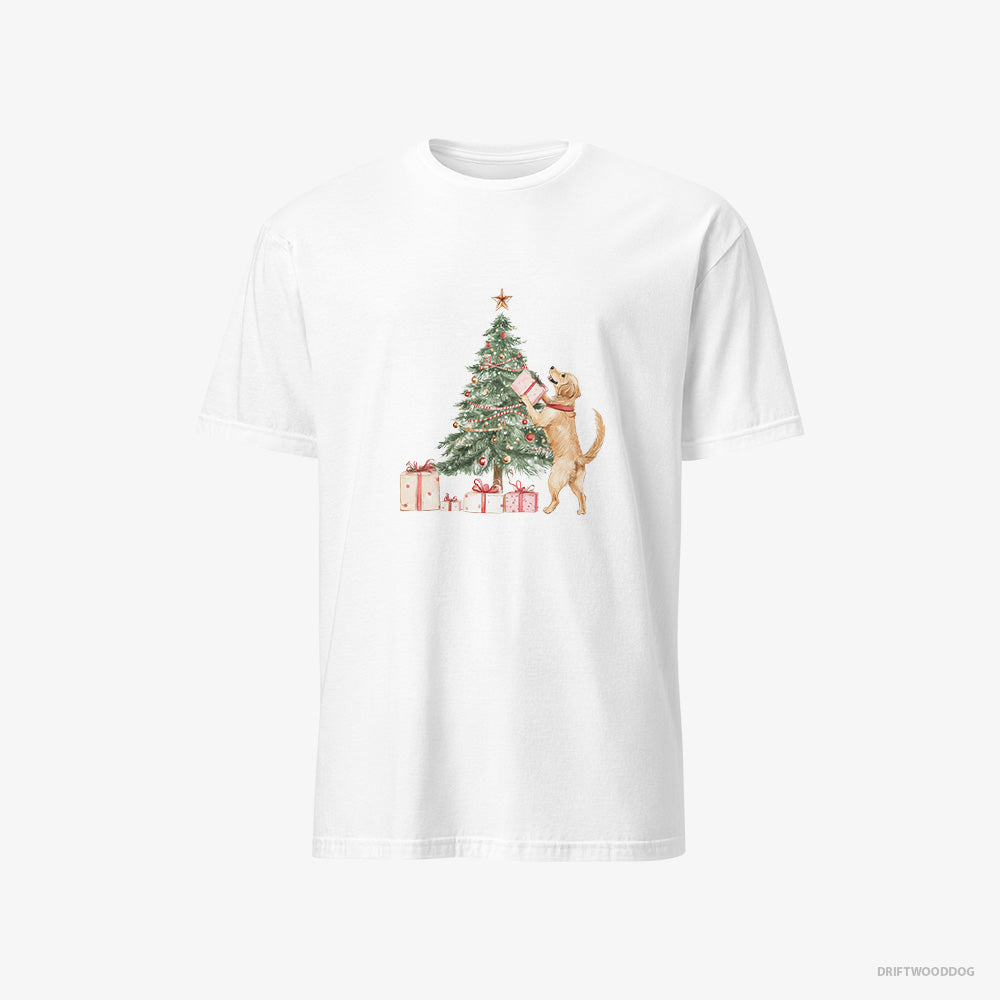 Golden Retriever T-Shirt – Men White T-Shirt Classic – Setting Up the Christmas Tree (on White Background)