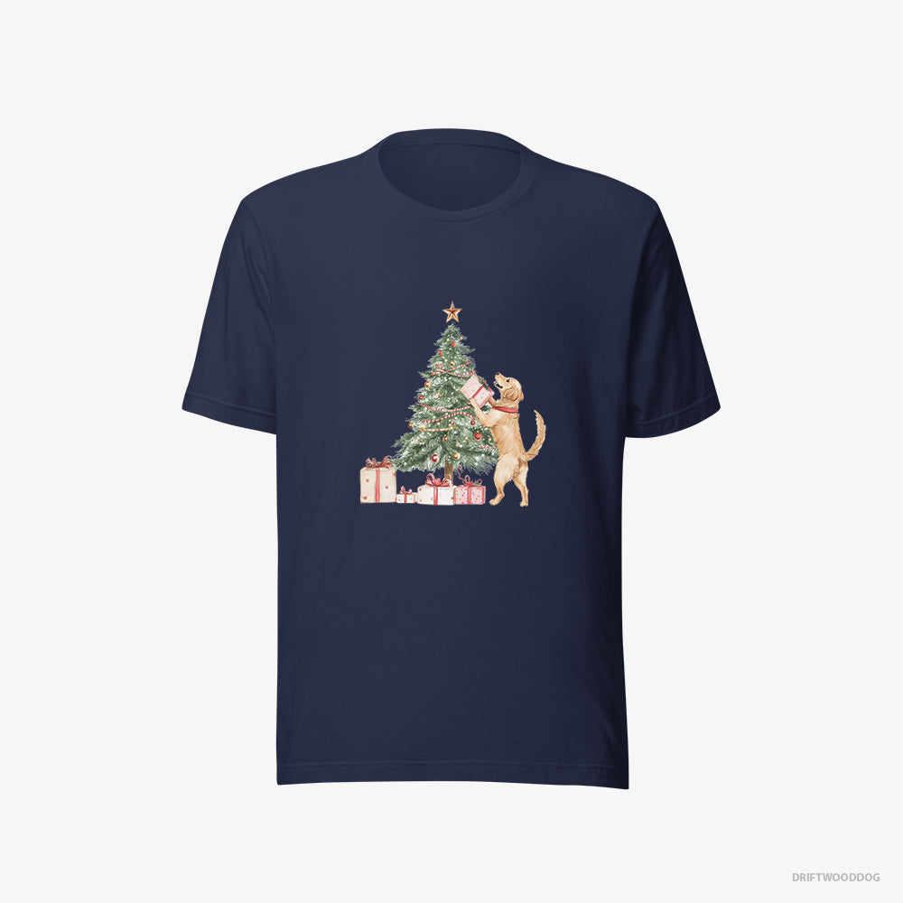 Golden Retriever T-Shirt – Women Navy T-Shirt Eco-Friendly – Setting Up the Christmas Tree (on White Background)