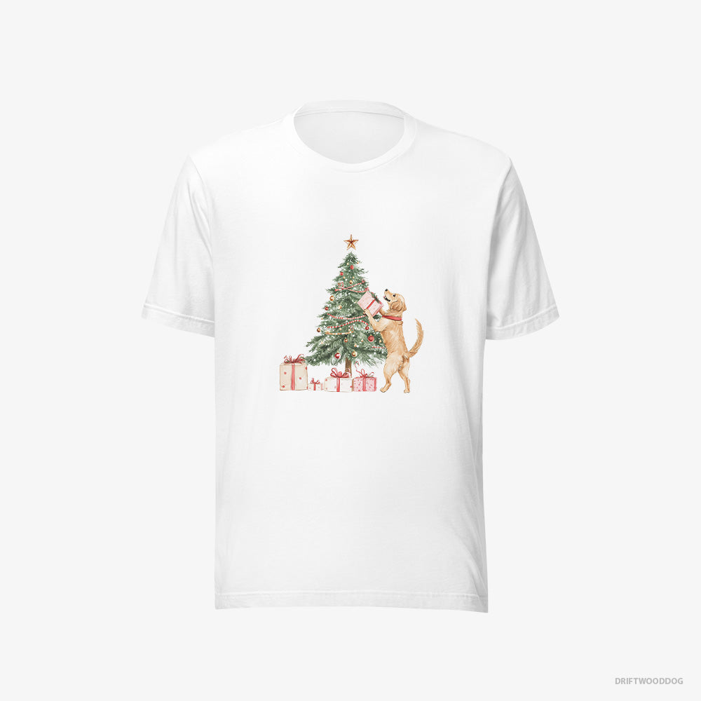 Golden Retriever T-Shirt – Men White T-Shirt Eco-Friendly – Setting Up the Christmas Tree (on White Background)