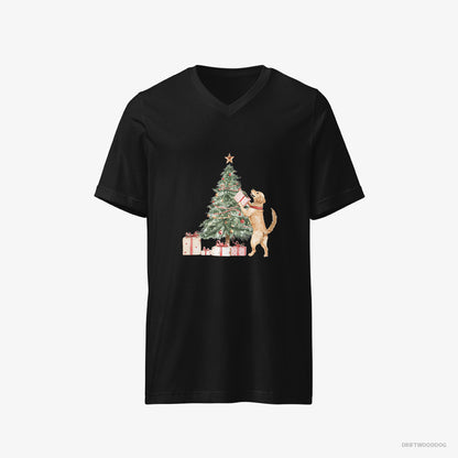 Golden Retriever T-Shirt – Men Black T-Shirt V-Neck – Setting Up the Christmas Tree (on White Background)