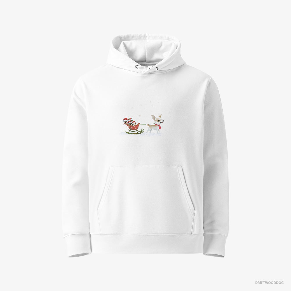 Chihuahua Hoodie – Women White Hoodie Eco-Friendly – Riding a Sled with Puppies (on White Background)