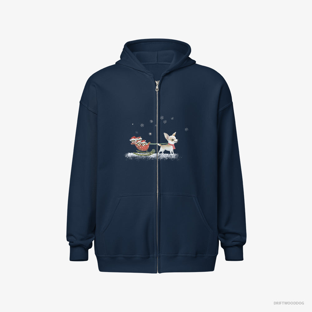 Chihuahua Hoodie – Men Navy Hoodie Full-Zip – Riding a Sled with Puppies (on White Background)