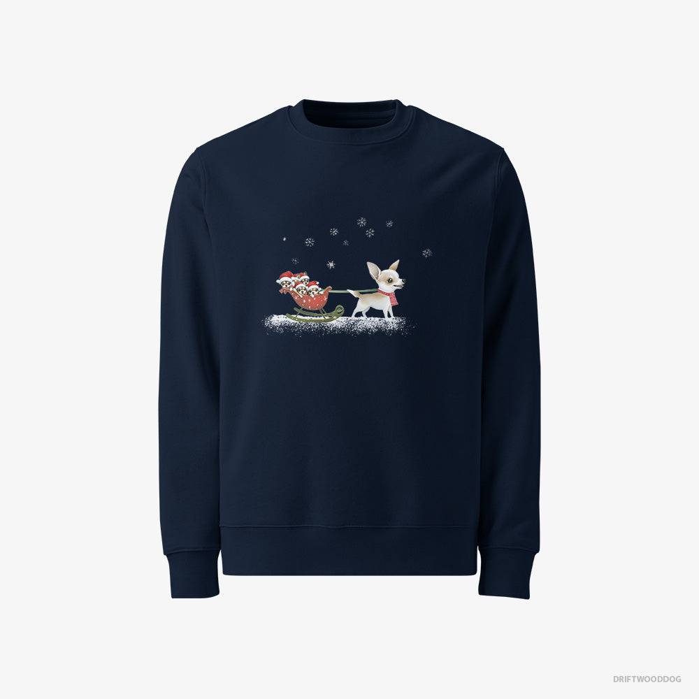 Chihuahua Sweatshirt – Men Navy Sweatshirt Classic – Riding a Sled with Puppies (on White Background)