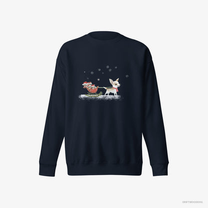 Chihuahua Sweatshirt – Women Navy Sweatshirt Eco-Friendly – Riding a Sled with Puppies (on White Background)