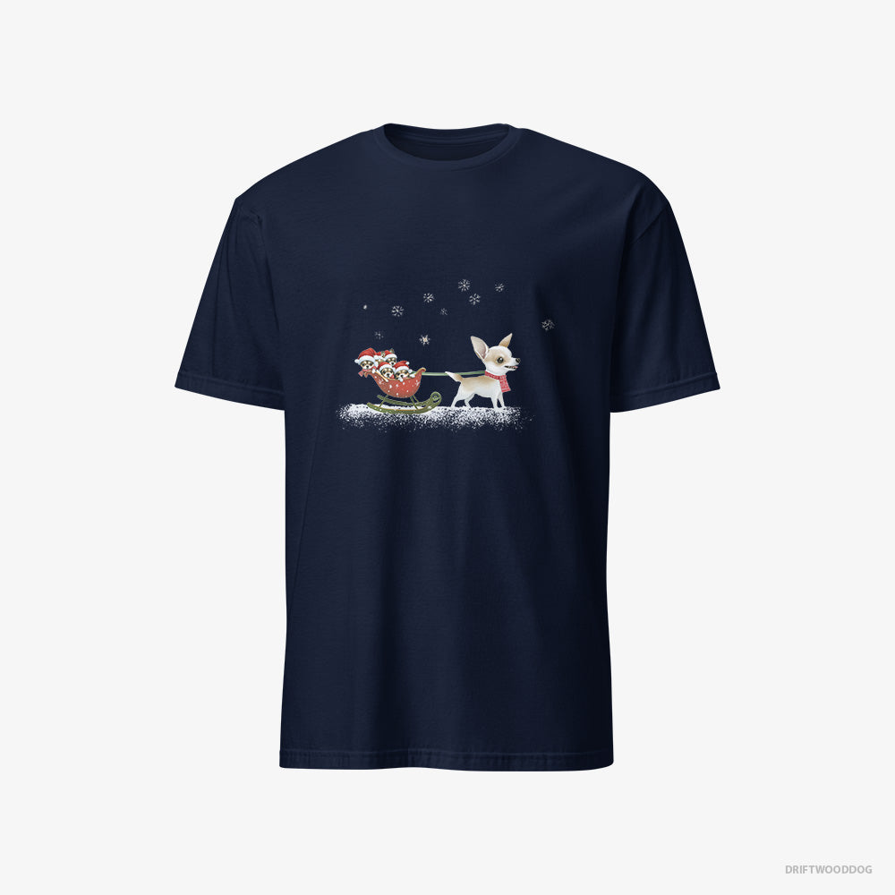 Chihuahua T-Shirt – Men Navy T-Shirt Classic – Riding a Sled with Puppies (on White Background)