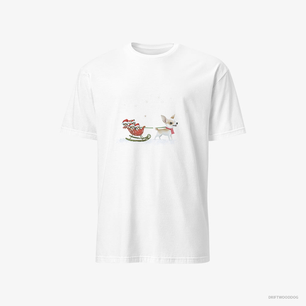 Chihuahua T-Shirt – Men White T-Shirt Classic – Riding a Sled with Puppies (on White Background)