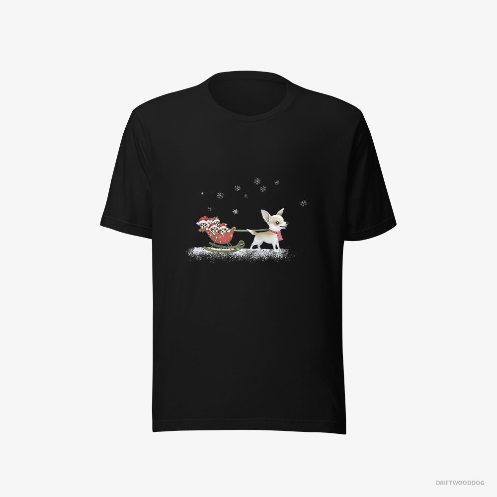 Chihuahua T-Shirt – Men Black T-Shirt Eco-Friendly – Riding a Sled with Puppies (on White Background)