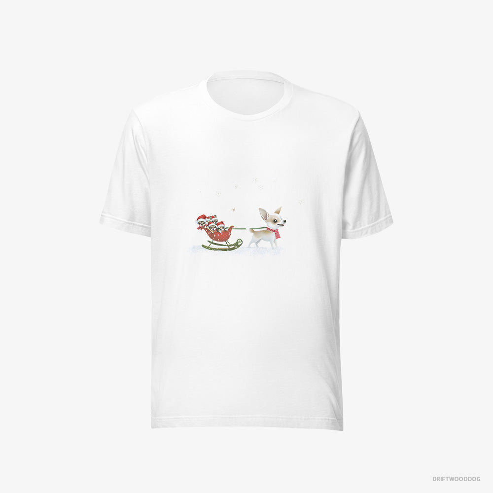 Chihuahua T-Shirt – Men White T-Shirt Eco-Friendly – Riding a Sled with Puppies (on White Background)