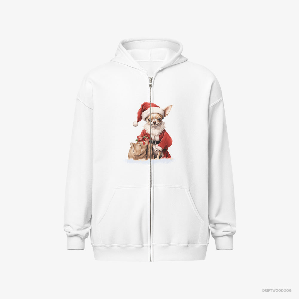 Chihuahua Hoodie – Men White Hoodie Full-Zip – Bringing a Bag of Christmas Presents (on White Background)