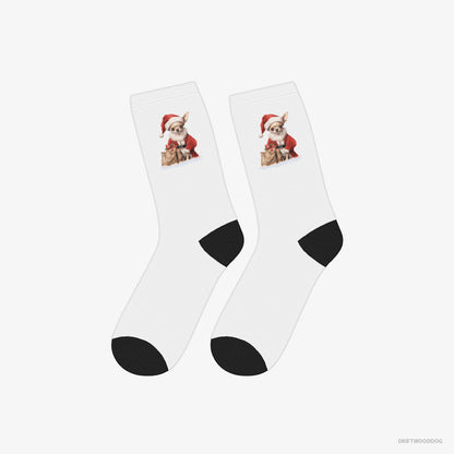 Chihuahua Socks – Unisex White Socks Classic – Bringing a Bag of Christmas Presents (on White Background)