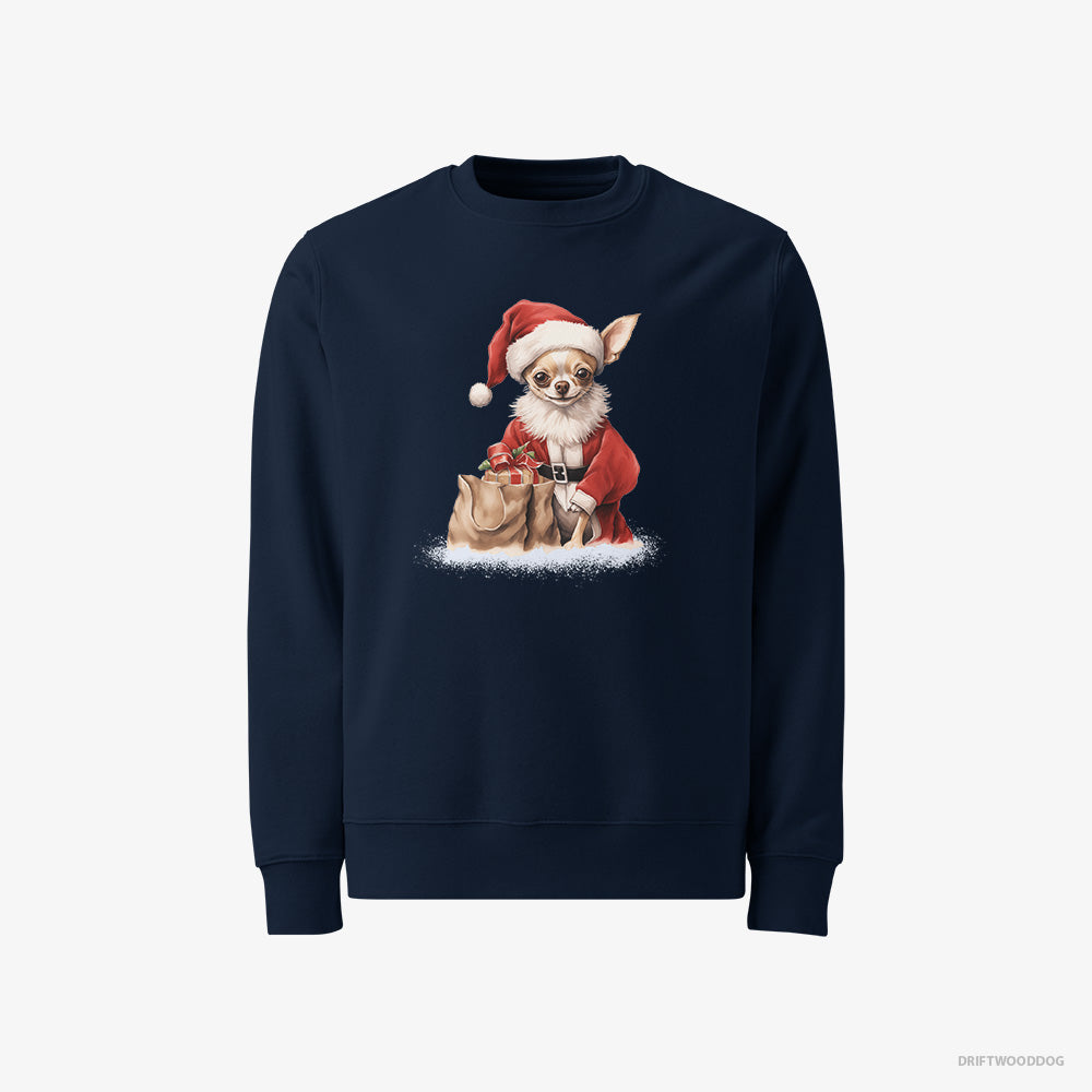 Chihuahua Sweatshirt – Women Navy Sweatshirt Classic – Bringing a Bag of Christmas Presents (on White Background)