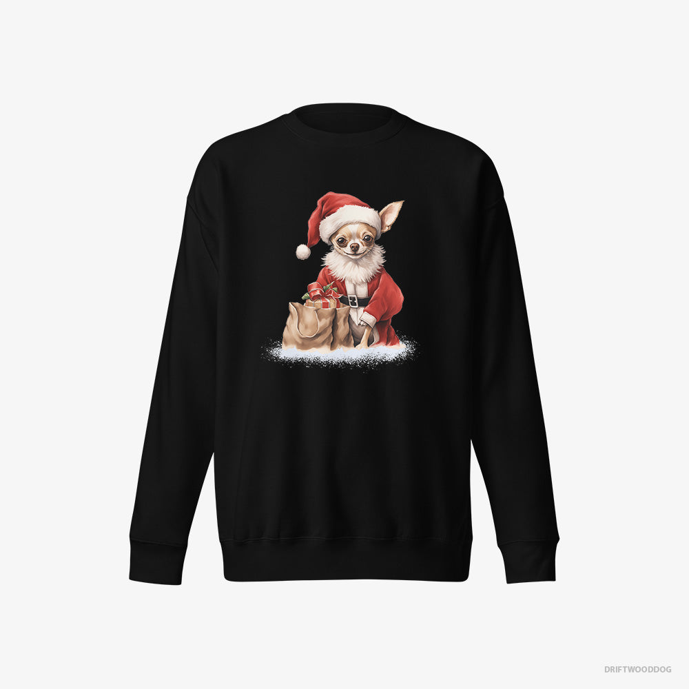 Chihuahua Sweatshirt – Women Black Sweatshirt Eco-Friendly – Bringing a Bag of Christmas Presents (on White Background)