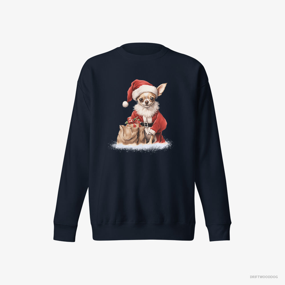 Chihuahua Sweatshirt – Women Navy Sweatshirt Eco-Friendly – Bringing a Bag of Christmas Presents (on White Background)