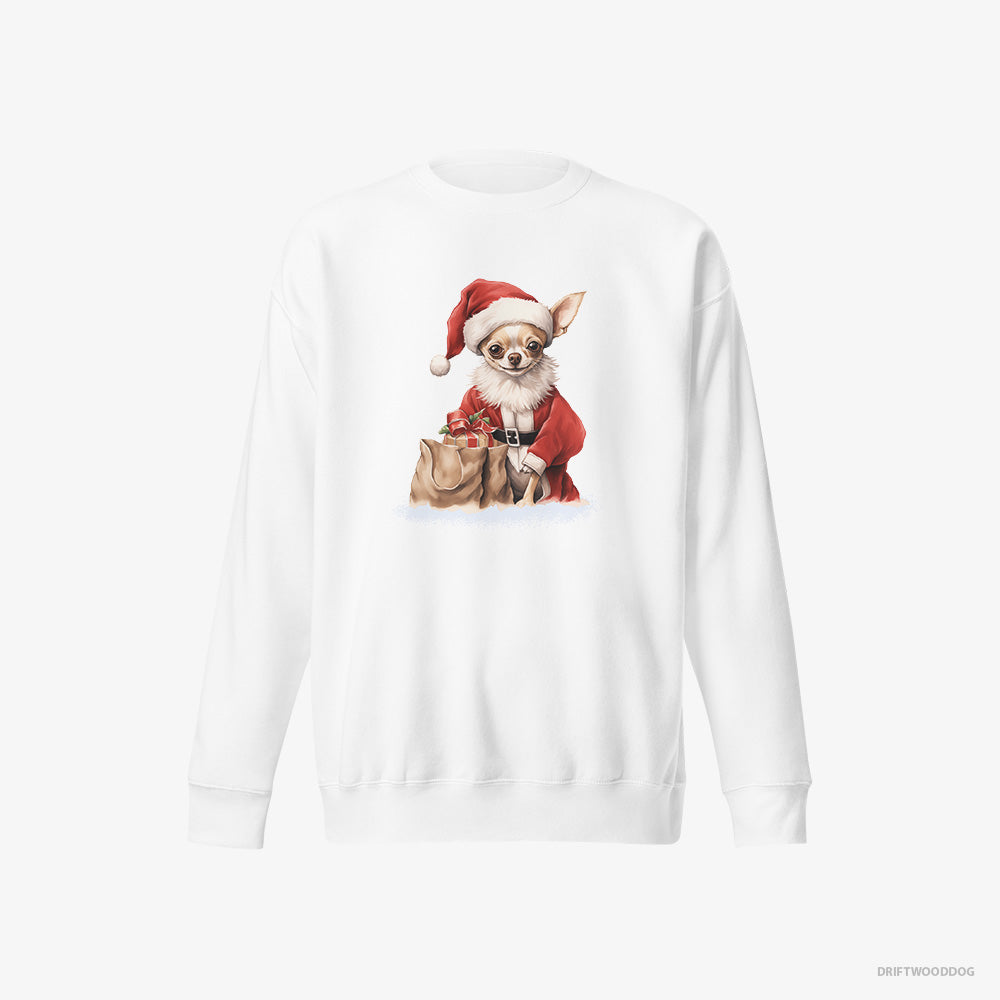 Chihuahua Sweatshirt – Women White Sweatshirt Eco-Friendly – Bringing a Bag of Christmas Presents (on White Background)