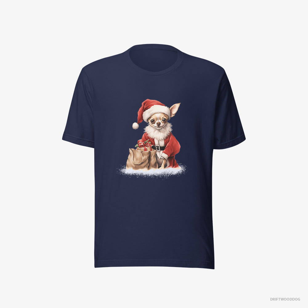 Chihuahua T-Shirt – Men Navy T-Shirt Eco-Friendly – Bringing a Bag of Christmas Presents (on White Background)